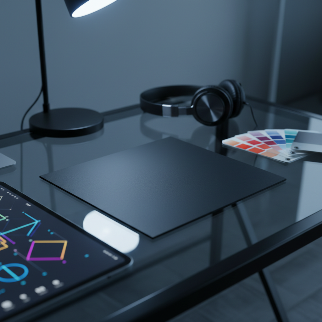 A close-up digital-art scene of a blank square album cover made of smooth, matte black cardstock resting on a sleek glass desk. Surrounding it are scattered design tools: a glowing tablet with vector shapes on screen, color swatch cards fanned out in vibrant gradients, and a pair of studio headphones coiled neatly. Cool, focused desk lighting illuminates the workspace, creating crisp reflections in the glass and subtle specular highlights on the objects. Captured from a slightly elevated three-quarter angle with the blank cover in the center, everything around it fades gently with a shallow depth of field. The mood is energetic and in-progress, emphasizing custom creation and fast-turnaround design work.