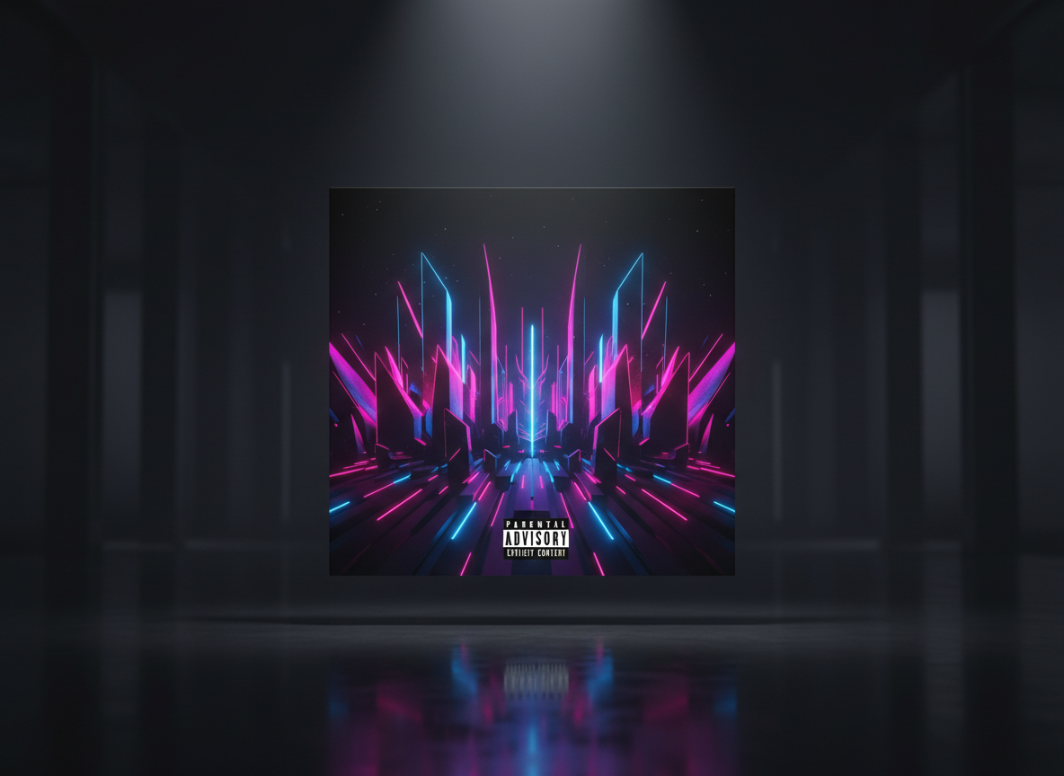 A bold digital-art mock album cover displayed as a floating square canvas in a dark, minimal studio space. The cover features an abstract neon cityscape made of sharp geometric shapes, glowing pinks, electric blues, and deep purples, with a crisp, centered “Parental Advisory” label at the bottom. The cover hovers above a reflective black surface, mirroring its colors. Dramatic rim lighting from both sides carves out the edges, while a subtle spotlight from above pools light onto the cover, leaving the surroundings in soft shadow. Shot at eye level with a shallow depth of field so the cover is razor-sharp and the background fades into a smooth, cinematic blur, conveying a confident, high-end design portfolio mood.