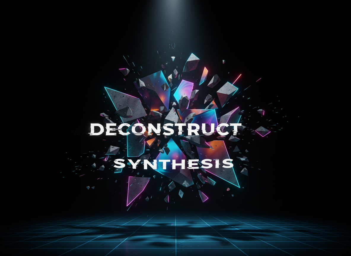 A striking digital-art concept of an album cover breaking apart into 3D shards, each shard floating mid-air and revealing layers of textures, gradients, and typographic fragments inside. The fragments hover in a dark, infinite void with a faint grid beneath, glowing edges in neon cyan and magenta illuminating the space. A thin beam of spotlight from above highlights the central shards, creating high-contrast reflections and sharp shadows on the grid. The composition is centered and slightly angled, giving a sense of depth and motion toward the viewer. The atmosphere is bold and experimental, suggesting the process of deconstructing and rebuilding music visuals for unique independent artist branding.