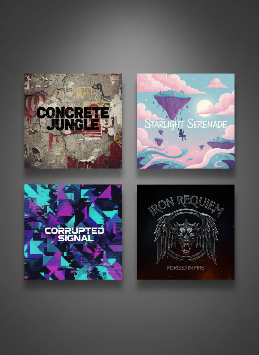 A collection of four square digital-art album covers arranged in a clean grid on a matte charcoal wall, each cover showcasing a different genre: a gritty texture-heavy hip-hop design, a dreamy pastel indie-pop illustration, a glitchy electronic abstract, and a dark metal emblem with chrome typography. Soft, diffused gallery lighting washes evenly over the wall, creating gentle gradients and faint shadows beneath each frame. The camera captures the scene straight-on with perfect symmetry and sharp focus across the entire grid. The atmosphere is bold and curated, like a private showroom of custom designs, emphasizing versatility and streaming-ready polish for independent artists.