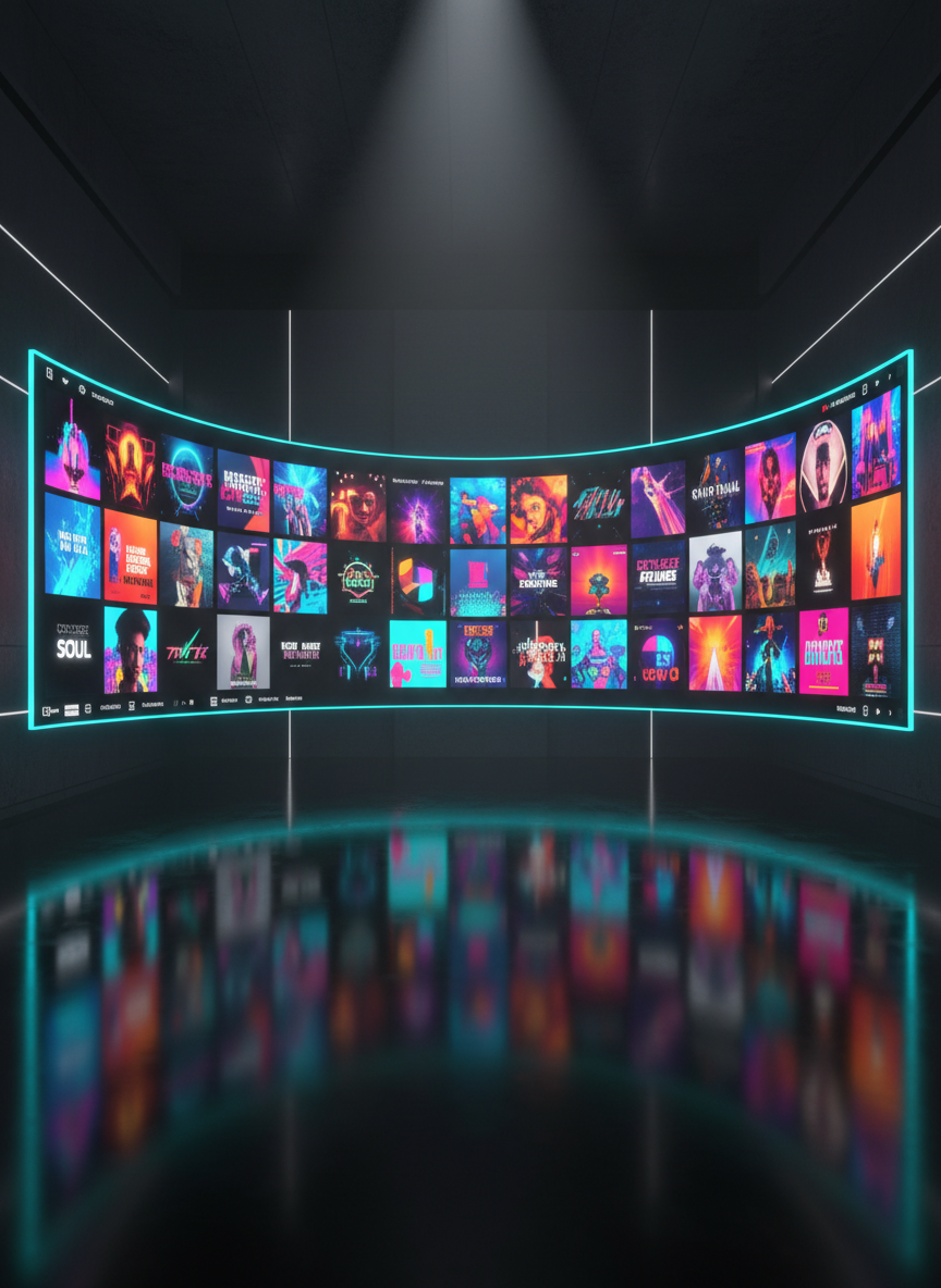 A streaming platform interface rendered in digital-art style on a floating, ultra-wide screen in a dark, futuristic room. Rows of vividly colored album covers with bold typography and striking artwork stretch into the distance, all in a cohesive visual style. The interface glows in cyan and magenta tones, casting soft light onto a glossy black floor and minimalist, angular walls. A subtle volumetric haze catches the beams from a virtual spotlight above, adding depth. Shot from a low angle looking upward at the screen, with strong perspective lines leading into the rows of covers, the composition feels dynamic and immersive, highlighting how professional, eye-catching album artwork dominates the streaming experience.